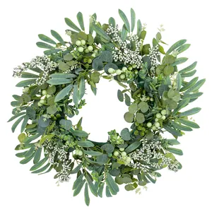 Large artificial eucalyptus wreath with green berries for front door wall decor