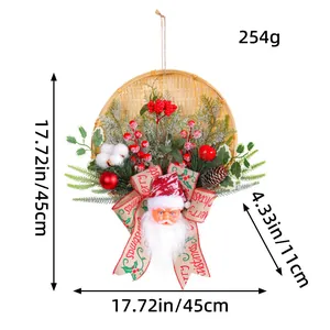 Christmas wreath with Santa Claus on bamboo basket, 17.72 inch diameter hanging decor