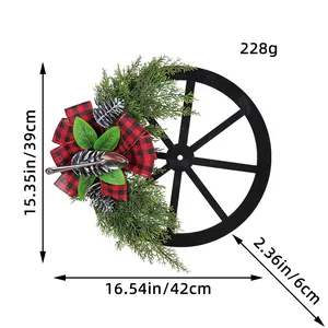 Couronne de Noël roue de chariot avec nœud écossais rouge et pives, 42x39x6cm