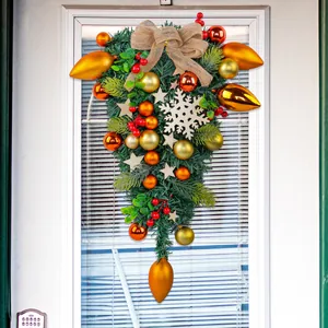 Festive Christmas teardrop swag with burlap bow and gold ornaments for front door decoration