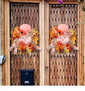 Autumn scarecrow door wreath with sunflowers and pumpkins for harvest festival decor
