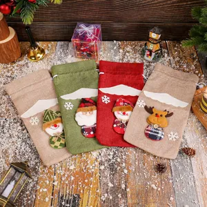 Set of Christmas burlap wine bottle covers with 3D Santa, Snowman, and Reindeer dolls