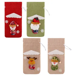 Set of 4 festive Christmas burlap wine bottle gift bags with 3D doll decorations