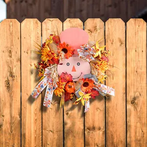Autumn Harvest Festival Scarecrow Pumpkin Wreath Thanksgiving Halloween Wooden Sign Decoration For Front Door Home Decor