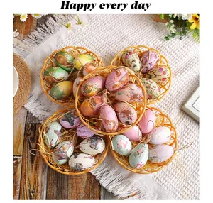 Detailed top view of patterned Easter foam eggs in yellow woven baskets on a rustic table.