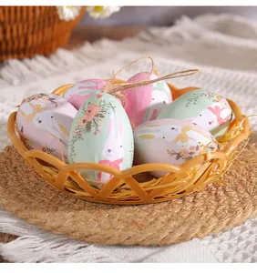Detailed view of colorful Easter foam eggs with bunny patterns in a woven basket