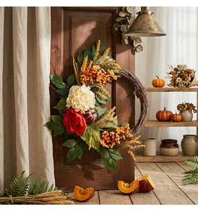 Detail showing autumn harvest wreath with pumpkin and hydrangea on a rustic wooden door