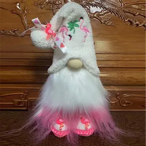 Handgemaakte pluche flamingo kabouterpop met roze ombre baard en witte geborduurde hoed