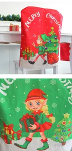 Festive Christmas chair cover featuring vibrant cartoon elf and tree prints for dining decor