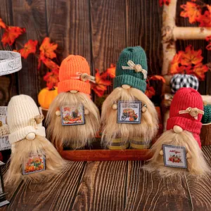 Harvest Festival Knitted Gnome Plush Doll With Hello Autumn Sign Pumpkin Thanksgiving Decorations Tabletop Ornament Handmade Gonk Dwarf For Home Decor