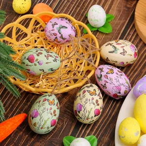 Colorful Easter foam egg hanging ornaments with butterfly patterns in a yellow basket