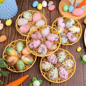Decorative foam Easter eggs with bunny patterns in woven baskets.