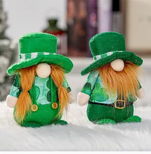 Detail view of St. Patrick's Day gnome plush dolls with green shamrock patterns.