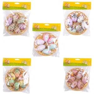 Set of 5 Easter decorative foam eggs in miniature woven baskets with floral patterns