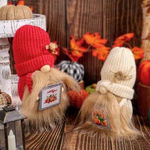 Pair of festive harvest gnomes with red and cream knitted hats for autumn home decor