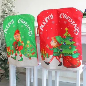 Festive red and green Christmas chair covers featuring cartoon elf and tree prints