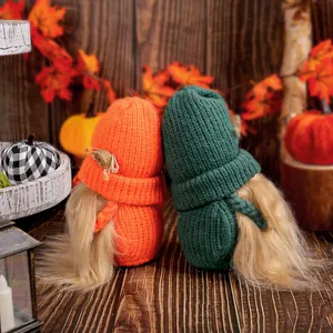 Harvest Festival knitted gnomes set with orange and green hats for tabletop decoration