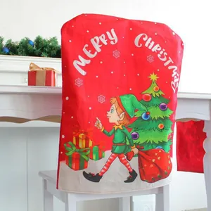 Festive red Christmas chair cover with cute cartoon elf and tree print decoration