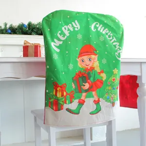 Festive Christmas chair cover featuring a cute cartoon elf print and Merry Christmas greeting