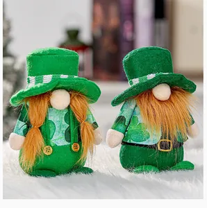 Close-up of St. Patrick's Day plush gnomes with shamrock hats and braided hair