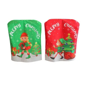 Festive Christmas chair covers featuring cartoon elf prints in vibrant red and green colors