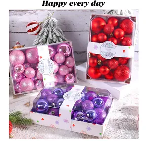Detail of assorted 4cm to 6cm Christmas ball ornaments in colorful rectangular boxes.