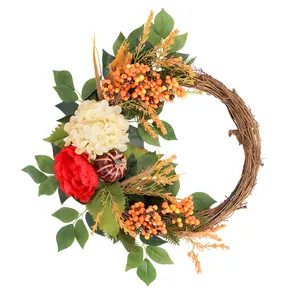 Artificial harvest wreath with red peony white hydrangea and pumpkin for autumn decor