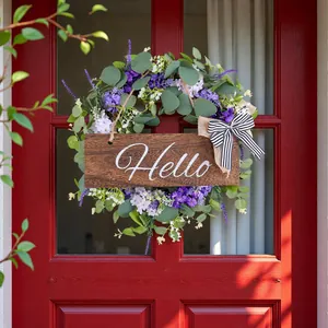 Ghirlanda di Eucalyptus Artificiale Con Scritta in Legno Hello per Porta d'Ingresso Decorazione Natalizia del Ringraziamento Ghirlanda di Fiori
