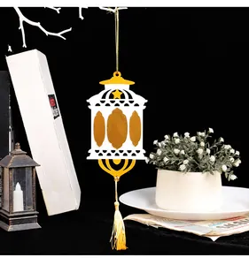 Exquisite creative wooden Ramadan lantern pendant with gold tassel for festive home decoration