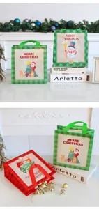 Christmas non-woven gift bags with cartoon Santa and snowman prints on checkered background