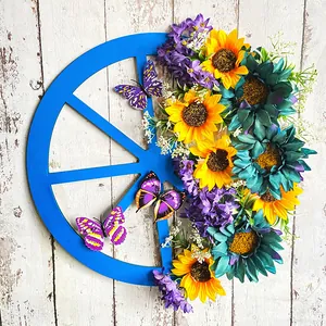 Rustic Blue Wooden Wheel Wreath With Artificial Sunflowers And Butterflies Spring Bee Festival Front Door Wall Hanging Decor