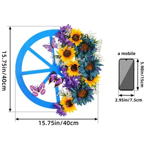 Blue wagon wheel wreath with artificial sunflowers and butterflies, 15.75 inch diameter
