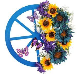 Decorative blue wagon wheel wreath with sunflowers and butterflies for door hanging