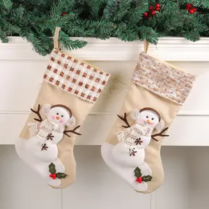 Christmas Stocking Gift Bags Linen Knit With 3D Snowman Earmuffs Scarf Plaid Striped Cuffs Rustic Fireplace Hanging Decor