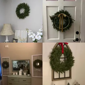 Various home display scenarios for a lush green artificial Christmas pine wreath decor.