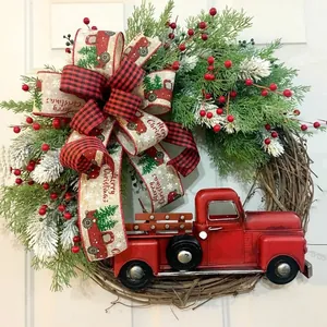 Rustic Christmas wreath featuring a vintage red truck and festive frosted pine branches