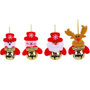 Set de 4 campanas navideñas para el árbol con figuras de peluche de Papá Noel y muñeco de nieve