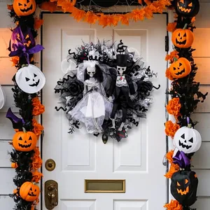 Corona de Malla de Novia y Novio Esqueleto de Halloween Rosa Blanca Negra Telaraña Decoración de Puerta Gótica Fiesta