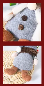 Close-up view of a plush Christmas gnome curtain buckle with wooden buttons and soft fur