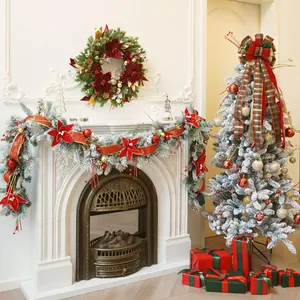 Ghirlanda Di Natale Con Rose Rosse Artificiali Poinsettie Pigne Dorate Bacche Per Porta D'Ingresso Decorazione Casa