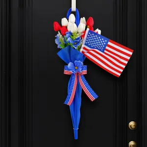 Patriotic Independence Day Umbrella Door Hanging Decor Red White Artificial Tulips With US Flag And Bow