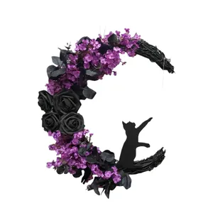 Handmade Halloween crescent moon wreath with black cat and purple flowers for home decor