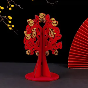 Traditional Chinese New Year Wood Money Tree Ornament Red Gold Yuanbao Lucky Tree For Spring Festival Mall Home Decor