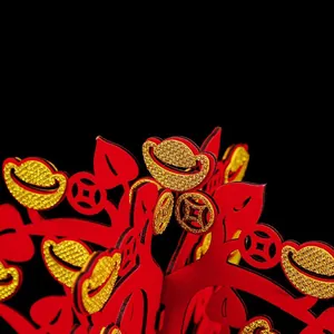 Festive red wooden money tree decoration with golden ingots for Chinese New Year
