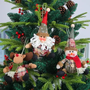 Set of three plush Christmas tree ornaments featuring Santa, reindeer, and snowman in plaid.