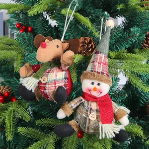 Set of plaid fabric Christmas plush ornaments featuring reindeer and snowman designs.