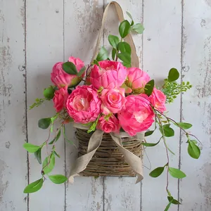 Pastoral Simulation Pink Rose Wreath Hanging Basket With Silk Flowers Plastic Leaves And Dry Branches For Home Door Decoration