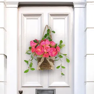 Artificial pink rose basket wreath door hanging for home garden decoration