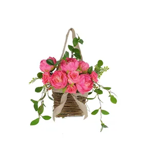 Artificial pink rose flower basket wall hanging decoration for home garden wedding