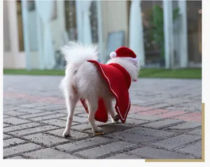 Vista trasera de un cachorro con una capa navideña roja festiva y un gorro de Papá Noel.